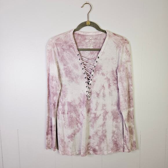 American Eagle Soft Sexy Tie Dye Long Sleeve Top Deep V Neck Lace Size Medium - Picture 1 of 13